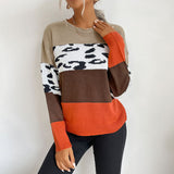 Women Knitted Sweater Autumn and Winter Leisure Top Leopard Print Color Block Long Sleeves Outerwear Sweater