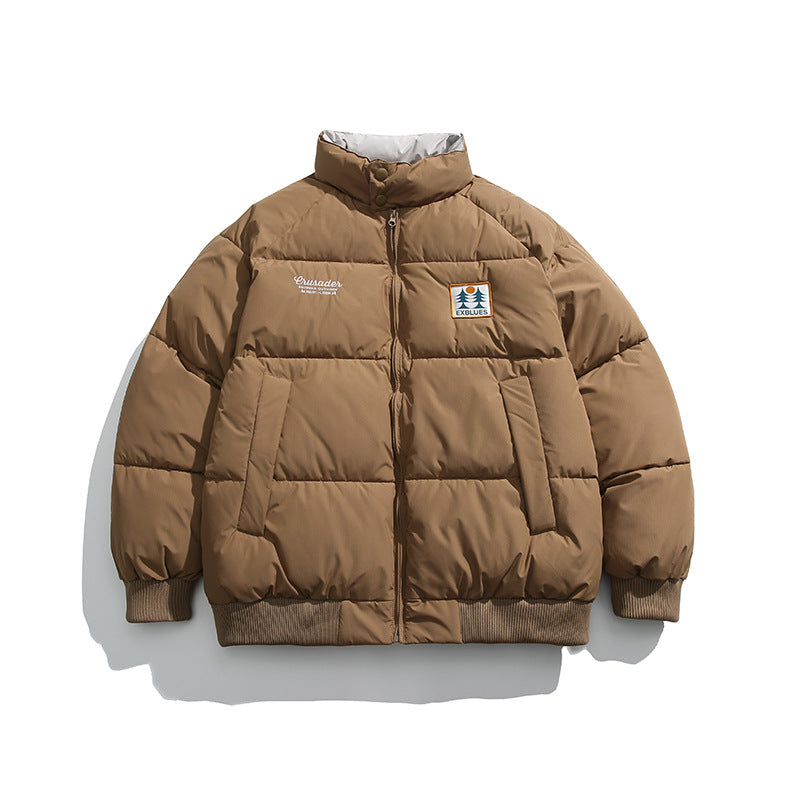 Unisex Winter Cotton Coat Color Letter Print Stand-up Collar Cotton-Padded Clothes Vintage Loose and Warm Cotton Jacket