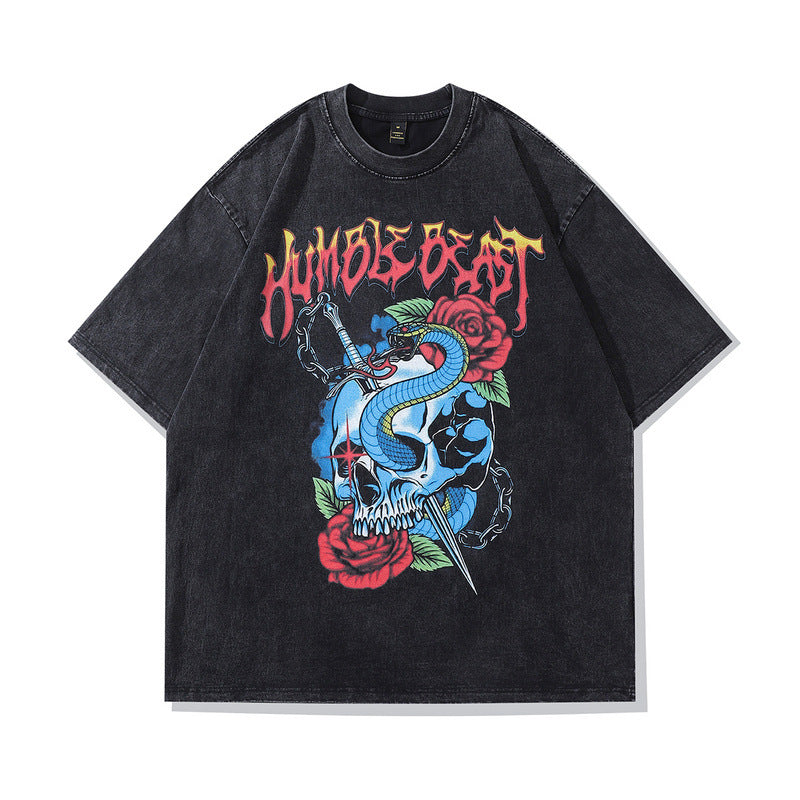 Men T Shirt Rock Punk Printed Distressed Short Sleeve T-shirt