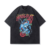 Men T Shirt Cartoon Distressed Short Sleeve T-shirt Vintage Washed Oversize Half Sleeve T-shirt
