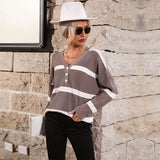 Women Knitted Sweater Autumn Stripes V-neck Pullover Sweater