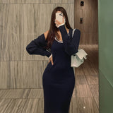Women Dresses U Collar Knitted Dress Slim Fit Long Dress