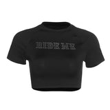 Women T-shirt Summer round Neck Short Sleeves Short Letters Bare Midriff Slim Fit T-shirt