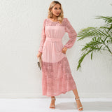 Women Date Dress Autumn Winter Sexy Long Sleeve round Neck Lace Long Dress Dress