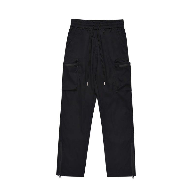 Men Sweatpants Windproof Sports Pants Zipper Pocket Slit Straight-Leg Trousers
