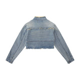 Women Jacket Short Frayed Hem Denim Jacket