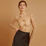 Women T-shirt Summer round Neck Long Sleeve Mesh Sexy Slim Jumpsuit
