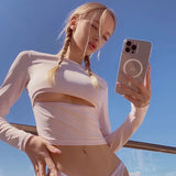 Women T-shirt Nvtx49271 round Neck Long Sleeve Hollow out Slim Fit Midriff-Baring Girl Blouse Summer