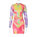 Women Dresses Fall round Neck Long Sleeve Top Slim Fit Short Skirt Suit