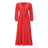 Women Date Dress V-neck Long Sleeve Pleated Dress