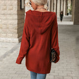 Women Knitted Sweater Autumn Winter Red Long Sleeve Hooded Sweater Cardigan Coat