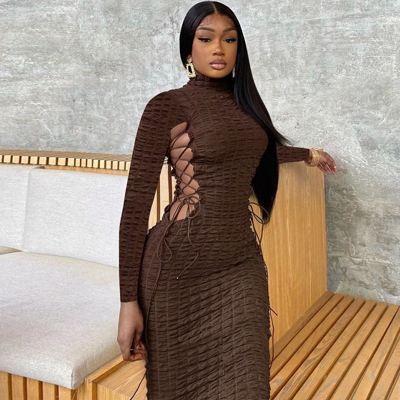 Women Dresses Fall Hollow out Tied Turtleneck Long Sleeve Dress