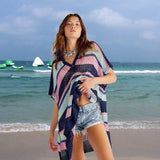 Women Knit Beach Cover V-neck Half Sleeve Cutout Beach Bikini Sun Protection Shirt