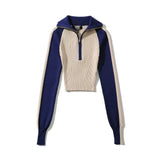 Women Sweater Knitwear Autumn Sexy Hot Girl High Collar Short Section Retro Contrast Color Raglan Knitted Coat