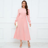 Women Date Dress Fall/Winter Slim Long Sleeve round Neck Pleated Long Dress