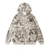 Men Hoodie Cartoon Graffiti Full Printed Hooded Sweater for Men and Women Couple Zipper Cardigan Outerwear