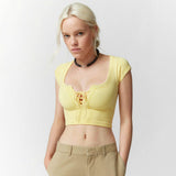 Women T-shirt Summer Square Collar Bare Midriff Slim Fit T-shirt Top