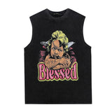 Men Vest Angel Print Distressed Vintage Retro Sleeveless T-shirt