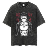 Men Washed T Shirt Black Japanese Anime Graphic Print TShirt