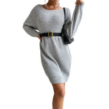 Women Knitted Sweater Fall Loose Gray, Long Sleeve Long Sweater Dress