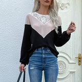 Women Knitted Sweater Autumn Casual Women's Long Sleeve Color Matching Lace round Neck Sweater