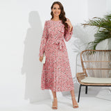 Women Date Dress Autumn and Winter Leisure Floral V-neck Long-Sleeve Dress