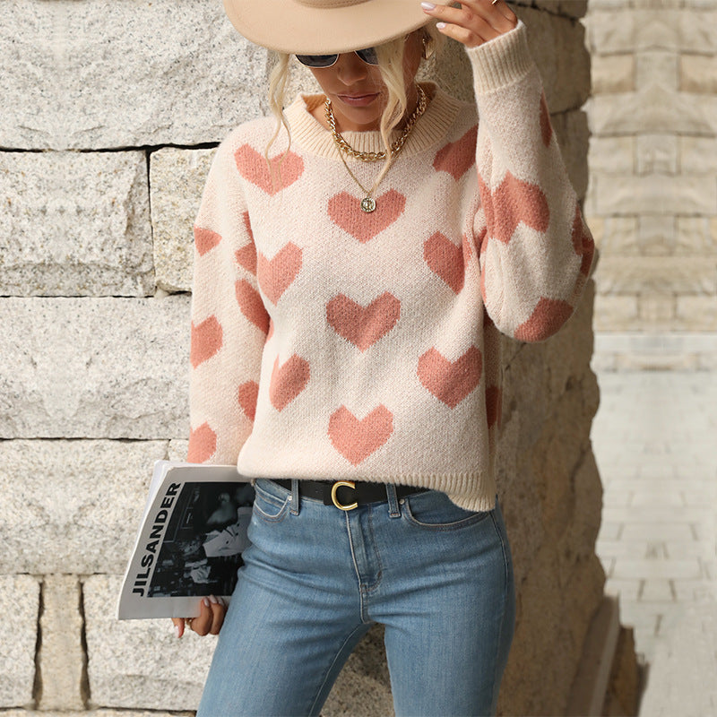 Women Knitted Sweater Autumn and Winter Valentine's Day Casual Love Long-Sleeved Pink Sweater