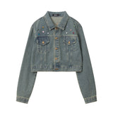 Women Jacket Color Diamond Inlaid Short Denim Jacket Lapel Embroidery Long Sleeve Jacket
