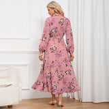 Women Date Dress Autumn Long Sleeve Lace Stand Collar Belt Long Dress