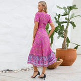 Women Date Dress Floral Dress Short Sleeve V-neck Bohemian A- line Skirt