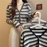 Women Knitwear Autumn Winter Retro Striped V-neck Sweaters Cardigan
