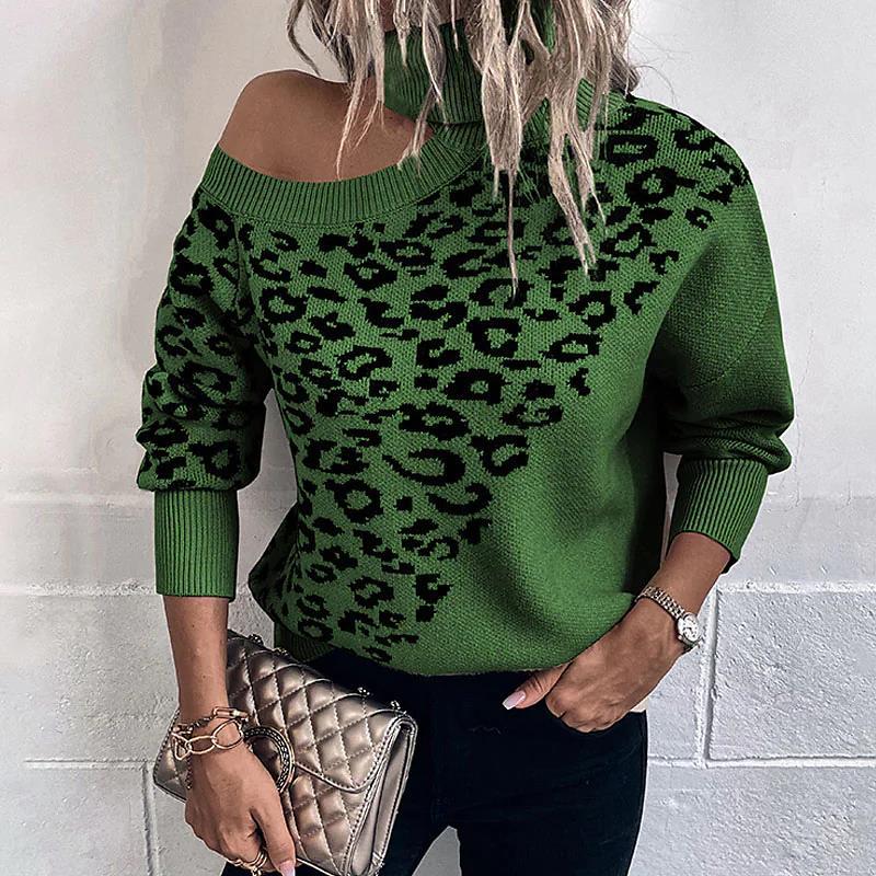 Women Knitted Sweater for Spring and Autumn Leopard Print Long Sleeve Women Shoulder-Baring Sweater