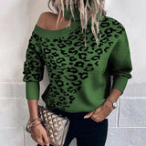 Women Knitted Sweater for Spring and Autumn Leopard Print Long Sleeve Women Shoulder-Baring Sweater