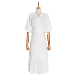 Women Dresses V-neck Lantern Sleeve Single Row Embroidery Hollow Dress (Qymy0409)