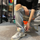 Men Jeans Retro Washed Make Old Ripped Jeans Zipper Trousers