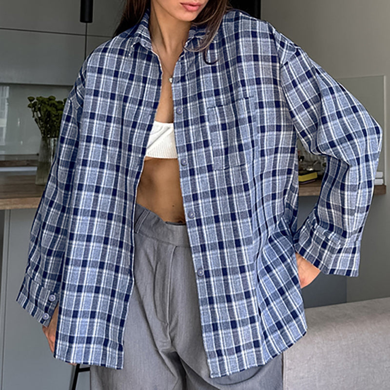 Women Trench Coat Winter Casual Plaid Long Sleeve Shirt Coat