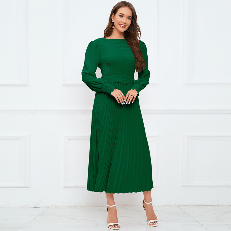 Women Date Dress Fall/Winter Slim Long Sleeve round Neck Pleated Long Dress