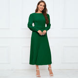 Women Date Dress Fall/Winter Slim Long Sleeve round Neck Pleated Long Dress