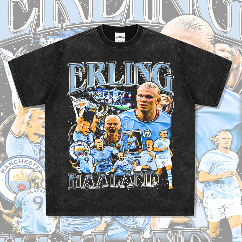 Mens Vintage Football T-Shirt Haaland Printed Short Sleeve T-Shirt Vintage Washed Loose
