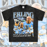 Mens Vintage Football T-Shirt Haaland Printed Short Sleeve T-Shirt Vintage Washed Loose