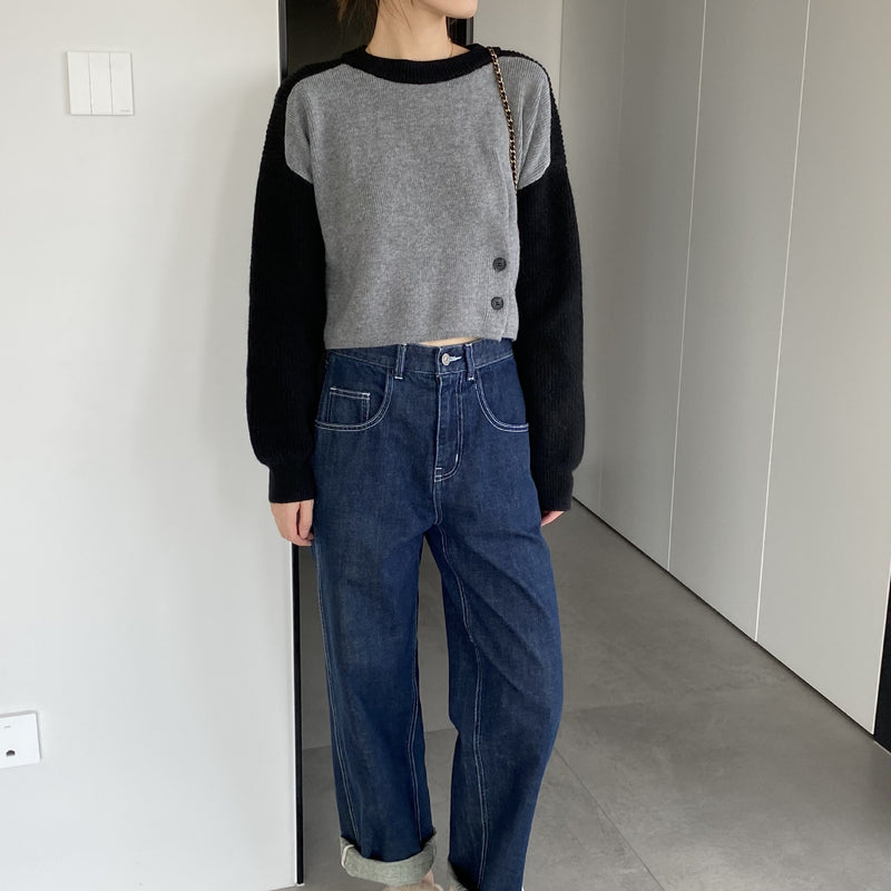 Women Winter Knitted Sweater Autumn Winter Sweater Sweater Button Color Contrast Patchwork Cropped Top 8t7311