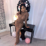 Women Dresses Winter Mesh Slim Fit round-Neck Long-Sleeved Dress