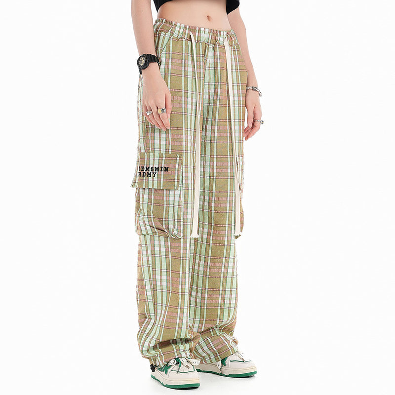 Women Pants Plaid Multi-Pocket Slacks