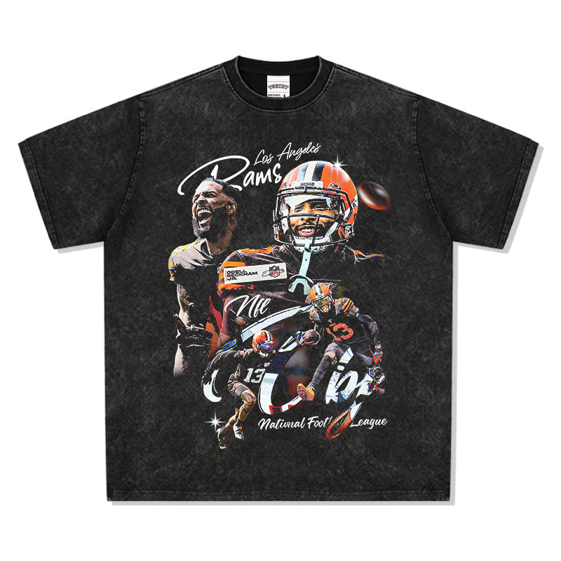 Mens Vintage baseball T-Shirt Beckham obj rugby print short sleeve washed old T-shirt