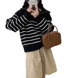 Women Knitwear Autumn and Winter Striped Half Zipper and Lapel Knitwear Loose Sweater