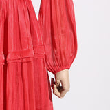 Women Dresses Vintage Spring round Neck Lantern Sleeve Dress (Qymy0409)