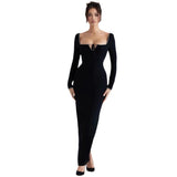 Women Dresses Long Sleeve Bandage One-Piece Dress Elegant Square Collar Party Dress (Ont0408)
