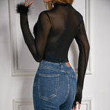 Women Party Tops Sexy Mesh Velvet Long Sleeves Fishbone Top