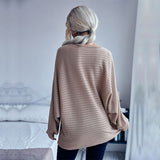 Women Knitted Sweater Autumn Crew Neck Mid-Length Loose Solid Color Batwing Sleeve Sweater