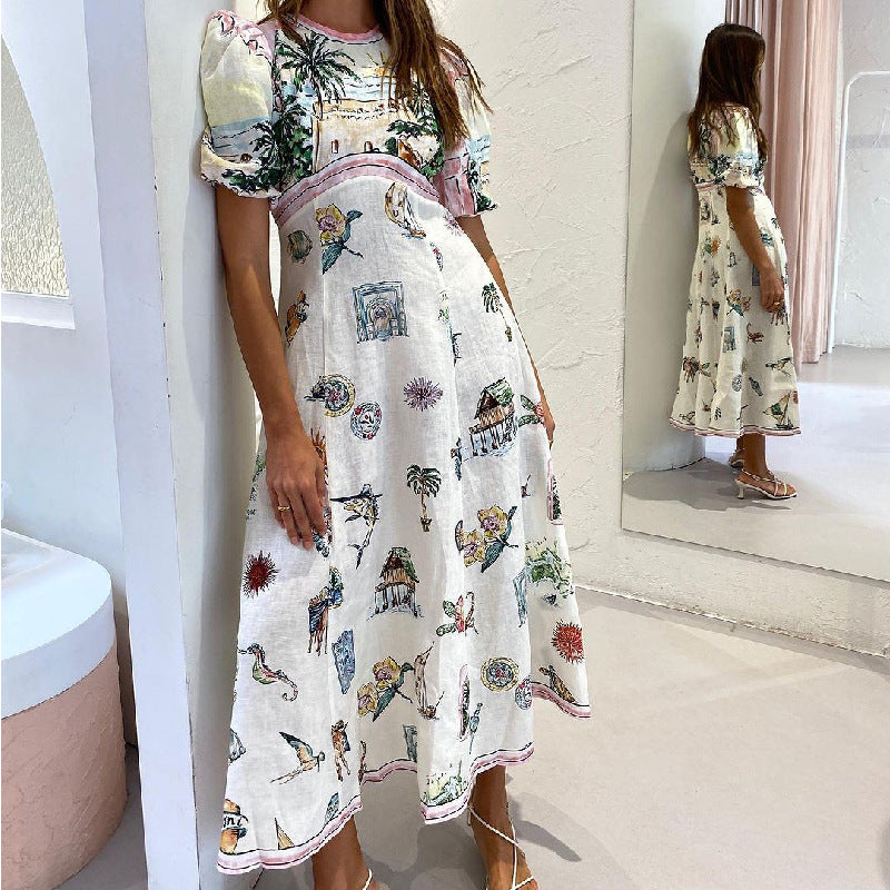 Women Dresses Summer Casual Printed Cotton Linen round-Neck Short Sleeve Dress (Jrm0409)
